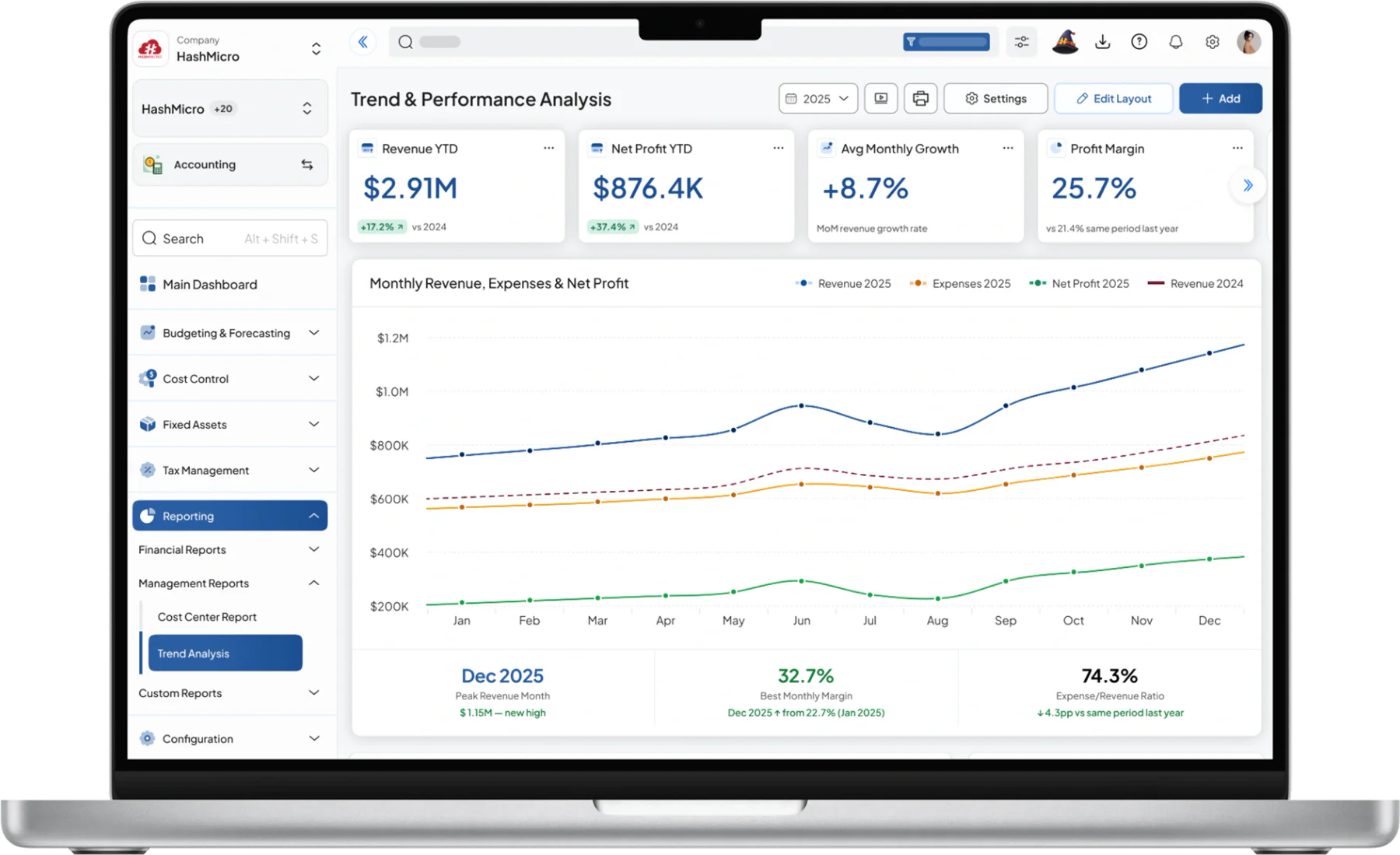 accounting dashboard HashMicro for Trend & Performance Analysis