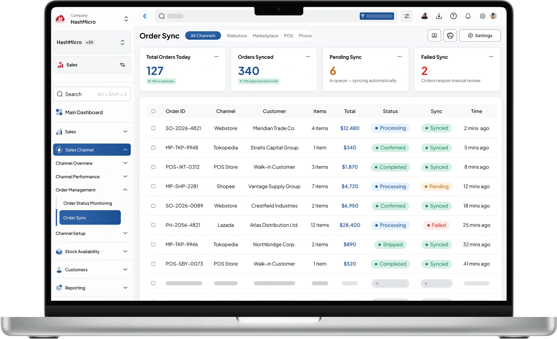 Dashboard sistem sales HashMicro untuk Sinkronisasi Order Multi-Channel