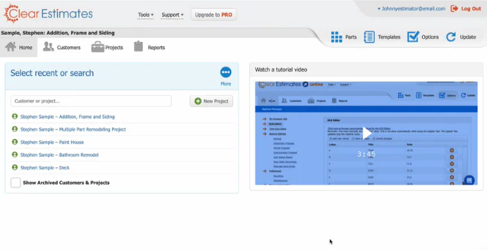 Clear Estimates construction dashboard