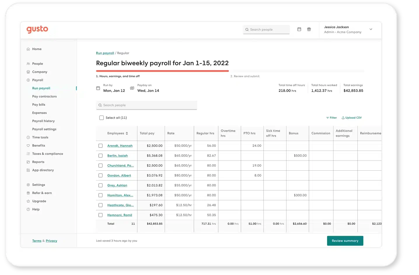 tampilan dashboard payroll gusto