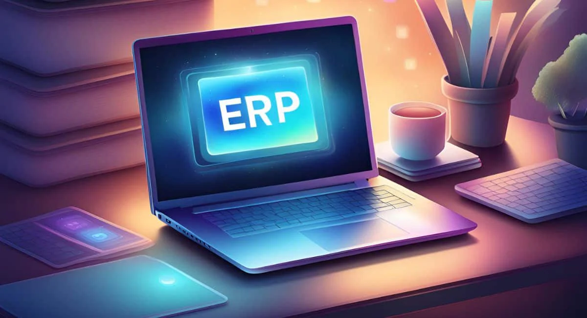 a laptop showing with ERP written on the screen
