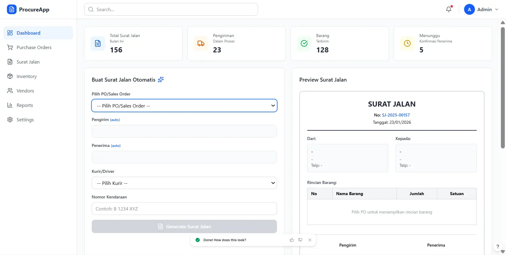 dashboard software procurement unutk surat jalan