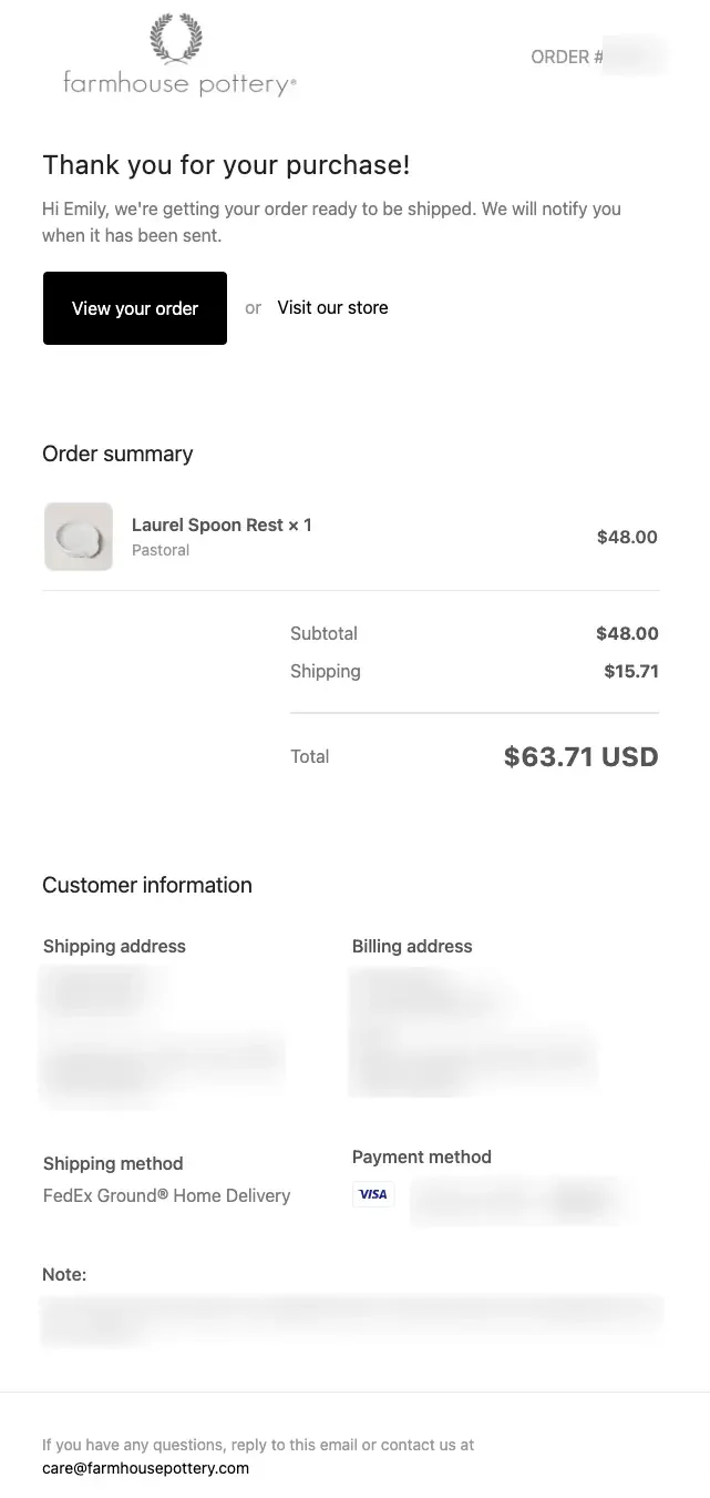 Example email confirmation farmhouse property