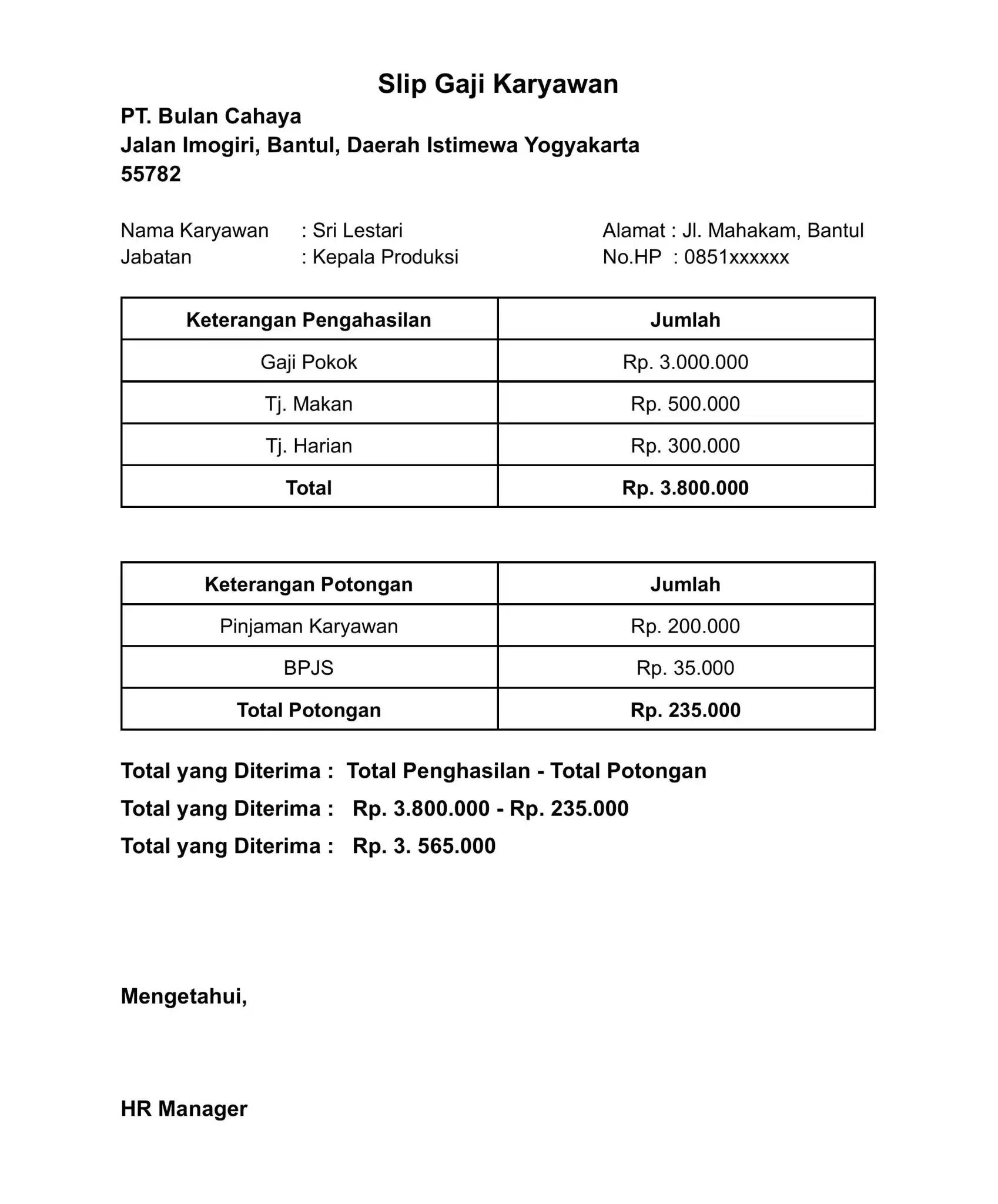 contoh slip gaji karyawan