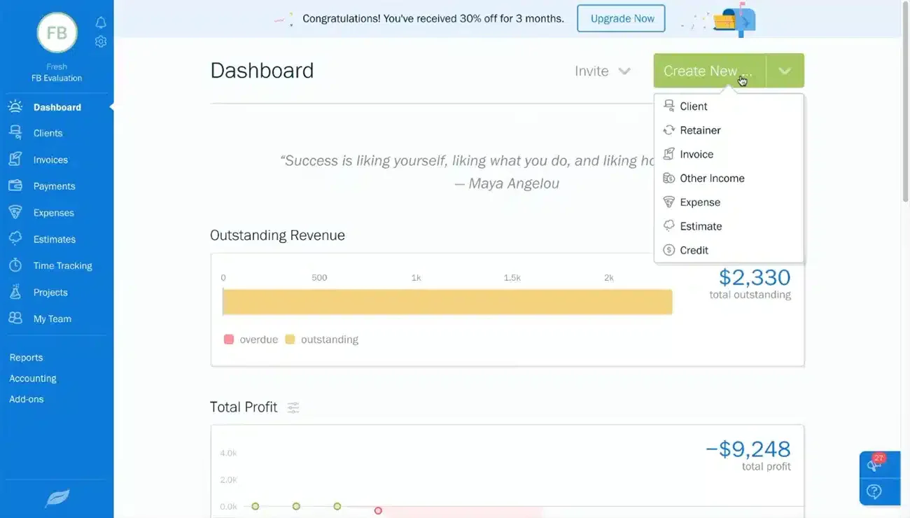 freshbooks manufacturing accounting services dashboard