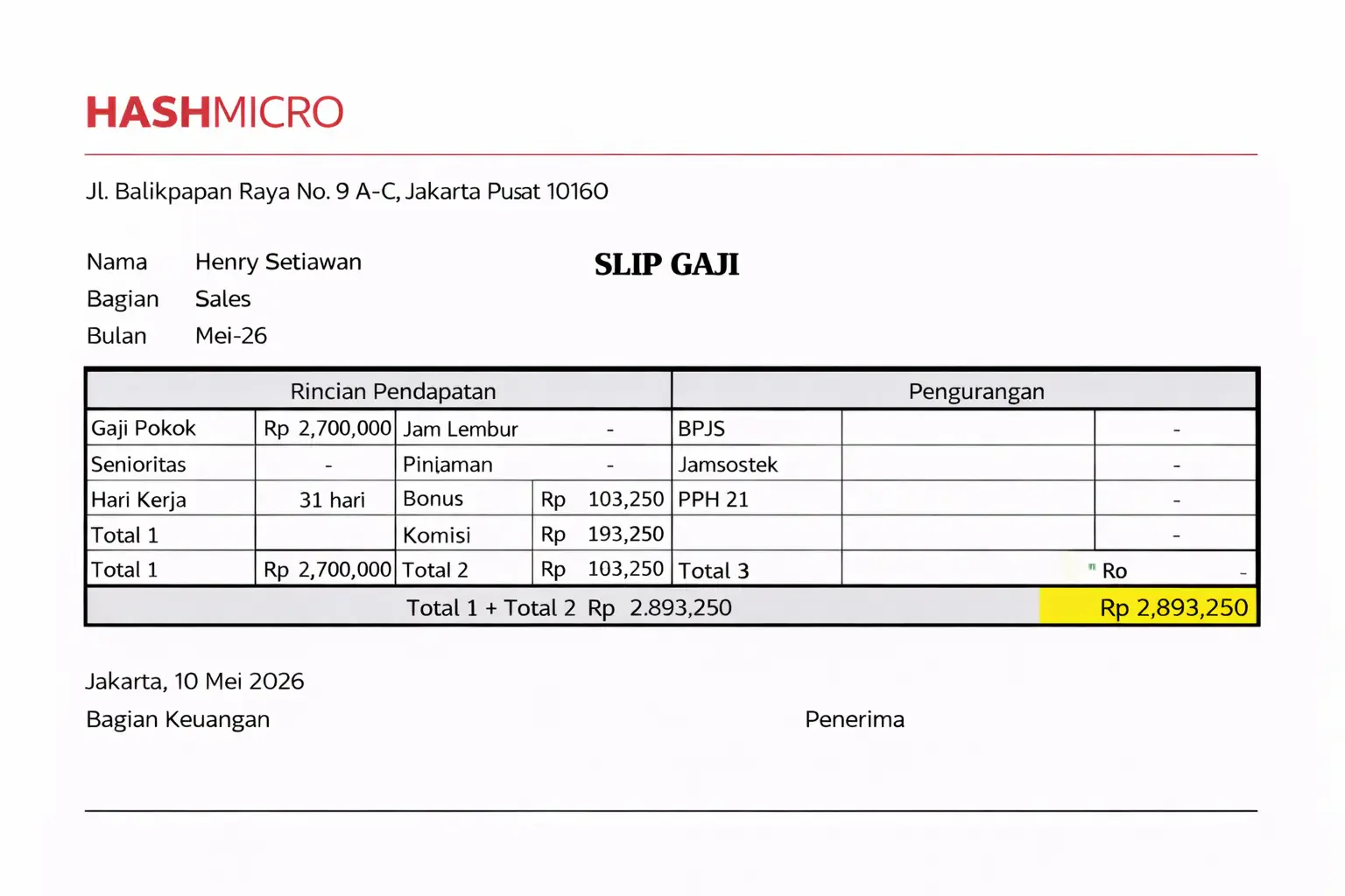 Contoh slip gaji staf sales