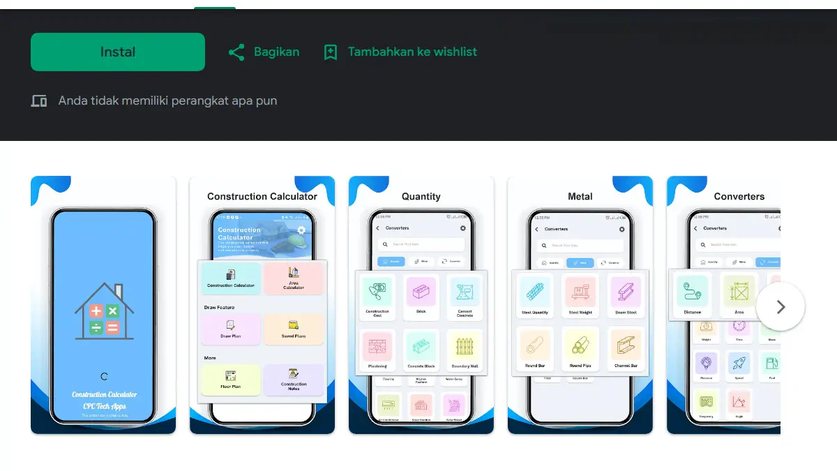 homepage dan beberapa fitur Calculator RAB Rumah dan Renovasi Sipil Konstruksi
